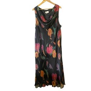 Harper Greer Silk Black Floral Sleeveless Cowl Neck Dress